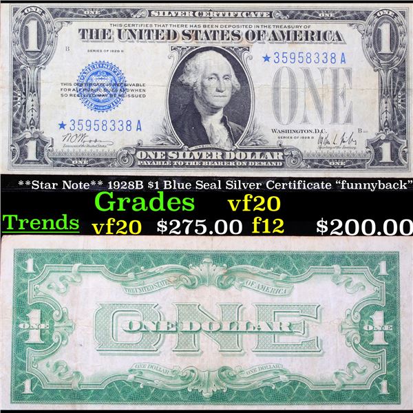 **Star Note** 1928B $1 Blue Seal Silver Certificate "funnyback" Grades vf, very fine