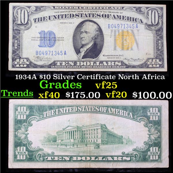 1934A $10 Silver Certificate North Africa Grades vf+