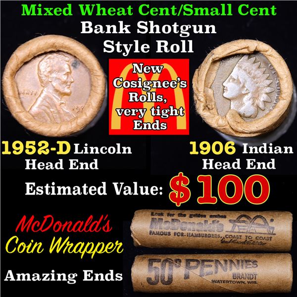 Mixed small cents 1c orig shotgun roll, 1952-d Lincoln Cent, 1906 Indian cent other end, McDonalds W