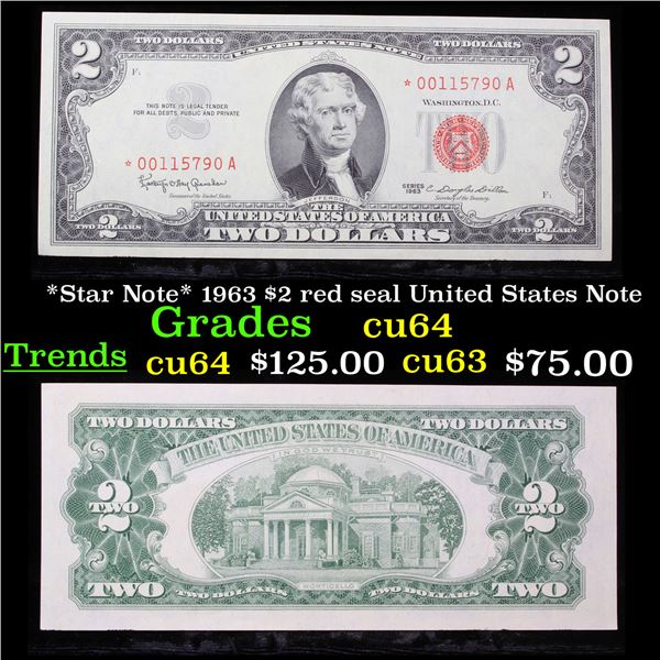 *Star Note* 1963 $2 red seal United States Note Grades Choice CU