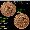 1833 N-3 Coronet Head Large Cent 1c Grades vf++