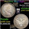 Image 1 : Proof ***Auction Highlight*** 1892 Barber Quarter 25c Graded GEM Proof Cameo By USCG (fc)