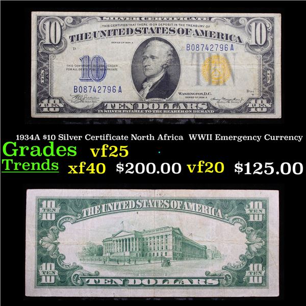 1934A $10 Silver Certificate North Africa  WWII Emergency Currency Grades vf+