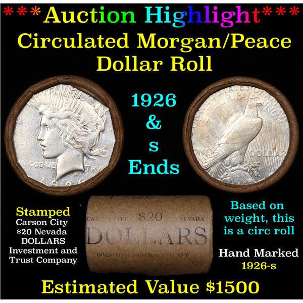 ***Auction Highlight*** Full solid Date 1926-s Peace silver dollar roll, 20 coin (fc)
