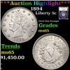 Image 1 : ***Auction Highlight*** 1894 Liberty Nickel 5c Graded GEM Unc By USCG (fc)