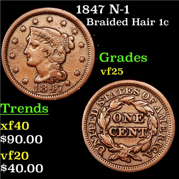 1847 N-1 Braided Hair Large Cent 1c Grades vf+