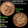 Image 1 : 1838 N3 R1 Coronet Head Large Cent 1c Grades vf++