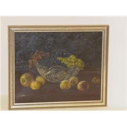 OIL ON CANVAS OF STILL LIFE OF GRAPES IN A CU