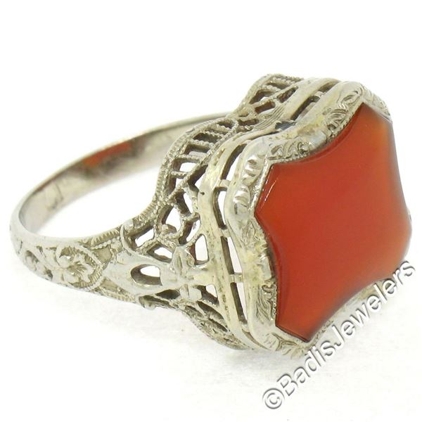 Art Deco Etched 14kt White Gold Custom Cut Carnelian Solitaire Filigree Ring