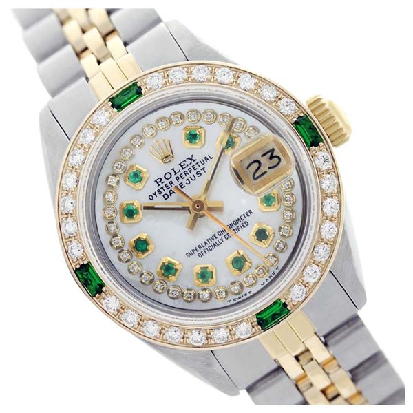 Rolex Ladies Two Tone 14K Gold/SS, Diam/Ruby Dial & Diam/Emerald Bezel, Sapphire Crystal - REF-444X4