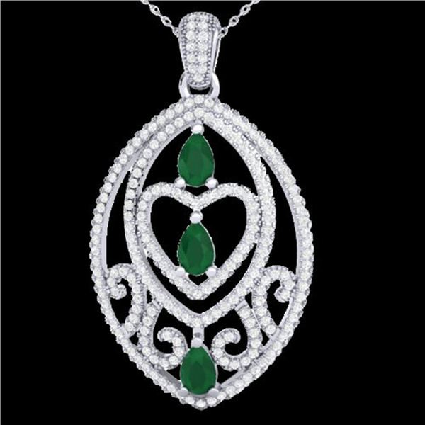 3.50 ctw Emerald & Micro Pave Diamond Heart Necklace 18k White Gold - REF-218Y2X