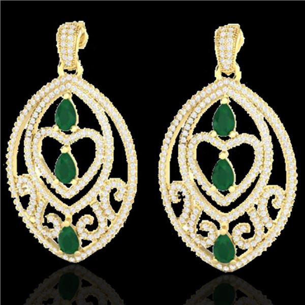 7 ctw Emerald & Micro Pave VS/SI Diamond Heart Earrings 18k Yellow Gold - REF-418N2F