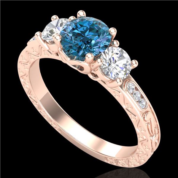 1.41 ctw Intense Blue Diamond Art Deco 3 Stone Ring 18k Rose Gold - REF-180N2F