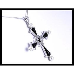 Classic 18K White Gold Diamond Onyx Cross #1607408