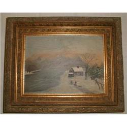 FINE SMALL 19TH CENTURY FOLK ART WINTER SCENE #1607994