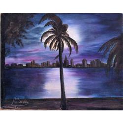 ORIG OIL PAINTING NIGHTSCAPE IN BLUE WITH PALM #1608480