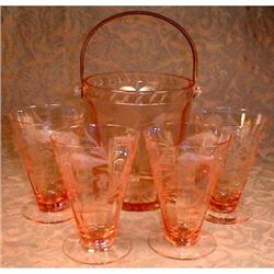 PINK Etched GLASS Ice BUCKET - 4 Tumblers #1608539