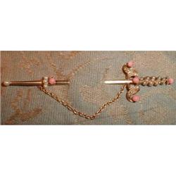 14K Sword STICK Pin CORAL Beads ANTIQUE #1608570