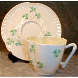 BELLEEK Shamrock CUP Saucer IRISH Harp SHELLS #1608620