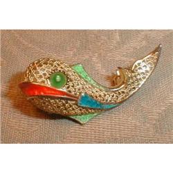 SILVER Filigree WHALE Pin GOLD Wash .800 Enamel#1608732