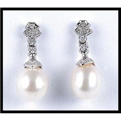 18K WHITE GOLD PEARL DIAMOND DANGLE EARRINGS #1609081