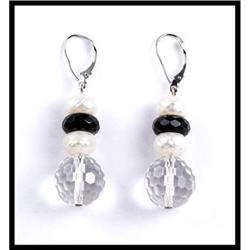 SHINING ONYX AND PEARL DANGLING EARRINGS #1609091