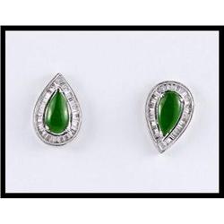 SUPERB 18K WHITE GOLD JADE AND DIAMOND EARRINGS#1609095