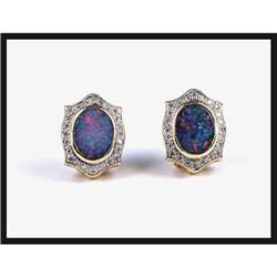 18K Yellow Gold Opal and Diamond Earrings. #1609096