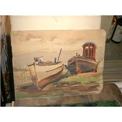 Water Color Boats by F.Hyman 1940s #1618636