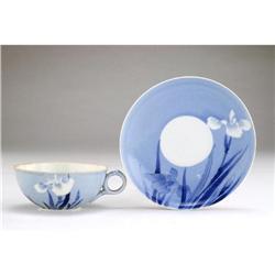 Japanese Hirado Blue White Iris Cup & Saucer #1619205