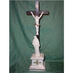 Antique crucifix with porcelain Jesus and Maria#1619389