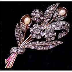 Edwardian Diamond Pin with Rubies & Pearls #1641267