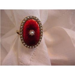 9K Gold Red Enamel Seed Pearl Ring #1641298