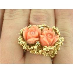 Vintage Coral & Seed Pearl 14k Y Gold Ring  #1641508