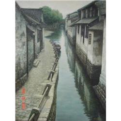 original oil painting, landscape of water town #1641713