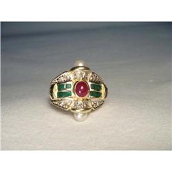 14K YG Ruby Sapphire Emerald Diamond Pearl Ring#1641921