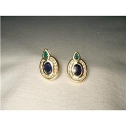 14K YG Gold Diamond Emerald Sapphire Earrings #1641941