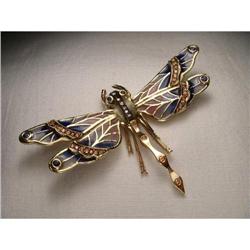 14K YG Orange Sapphire Diamond Dragonfly Brooch#1641973