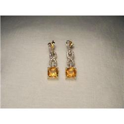 Estate 14K Gold Citrine Diamond Drop Earrings #1641987