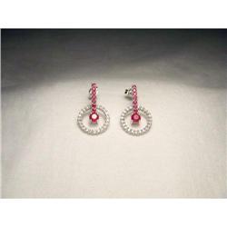 14K WG Gold Ruby Diamond Hoops Drop Earrings #1641989