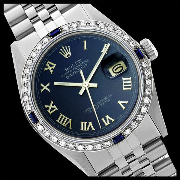 Rolex Men's Stainless Steel, QuickSet, Roman Dial with Diam/Sapphire Bezel