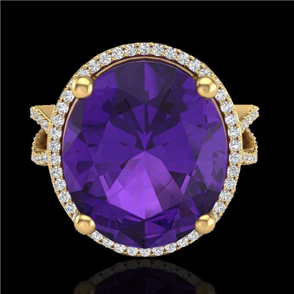 10 ctw Amethyst & Micro Pave VS/SI Diamond Ring 18k Yellow Gold - REF-80W2H