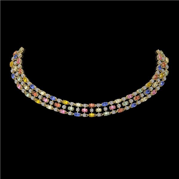 61.73 ctw Multi Color Sapphire & Diamond Necklace 10K Yellow Gold - REF-709W3H