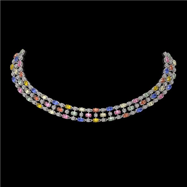 61.73 ctw Multi Color Sapphire & Diamond Necklace 10K White Gold - REF-709M3G