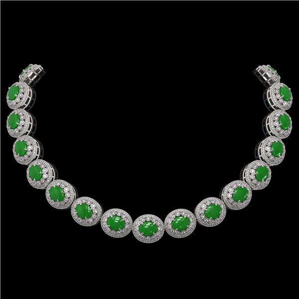 101.75 ctw Jade & Diamond Victorian Necklace 14K White Gold - REF-2594K5Y