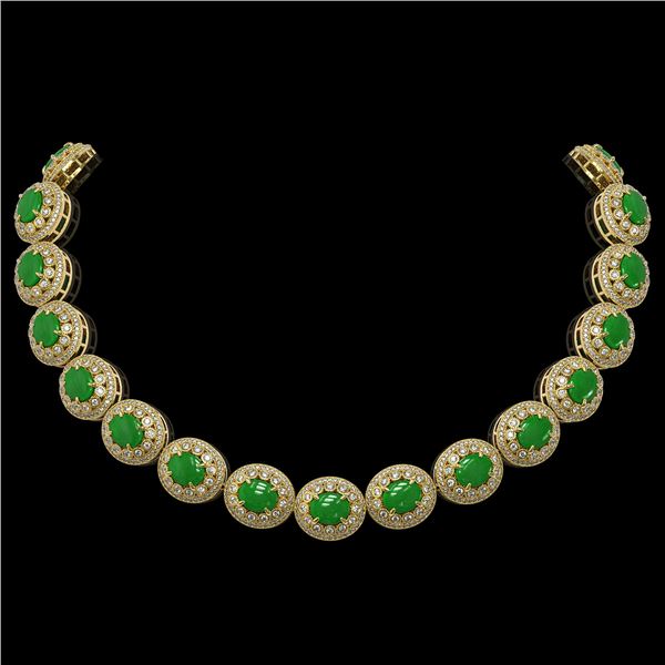 101.75 ctw Jade & Diamond Victorian Necklace 14K Yellow Gold - REF-2594N5F