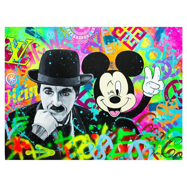 Nastya Rovenskaya- Original Oil on Canvas  Chaplin & Mickey Mouse 