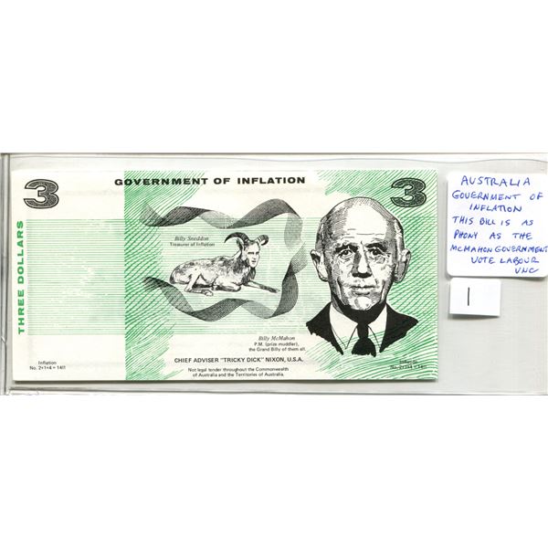 Australia. $3 “Government of Inflation. This Bill is as Phony as the McMahon Government. Vote Labour