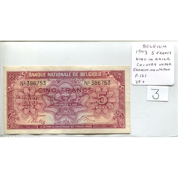 Belgium. 1943 5 Francs. Issued by the King in Exile while Belgium under German Occupation. P-121. VF