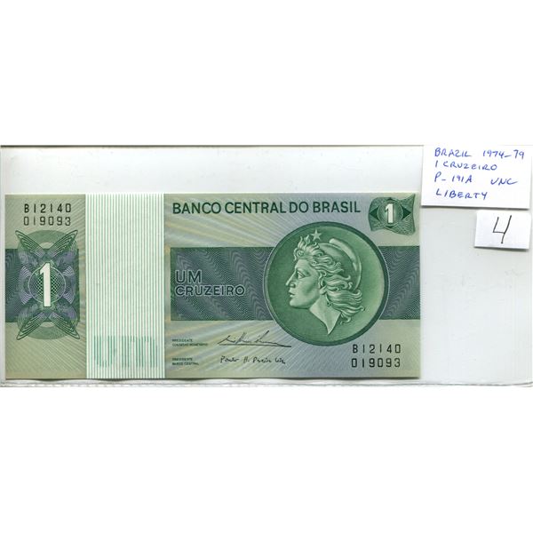 Brazil. 1974-1979 1 Cruzeiro. Liberty. P-191A. Unc.